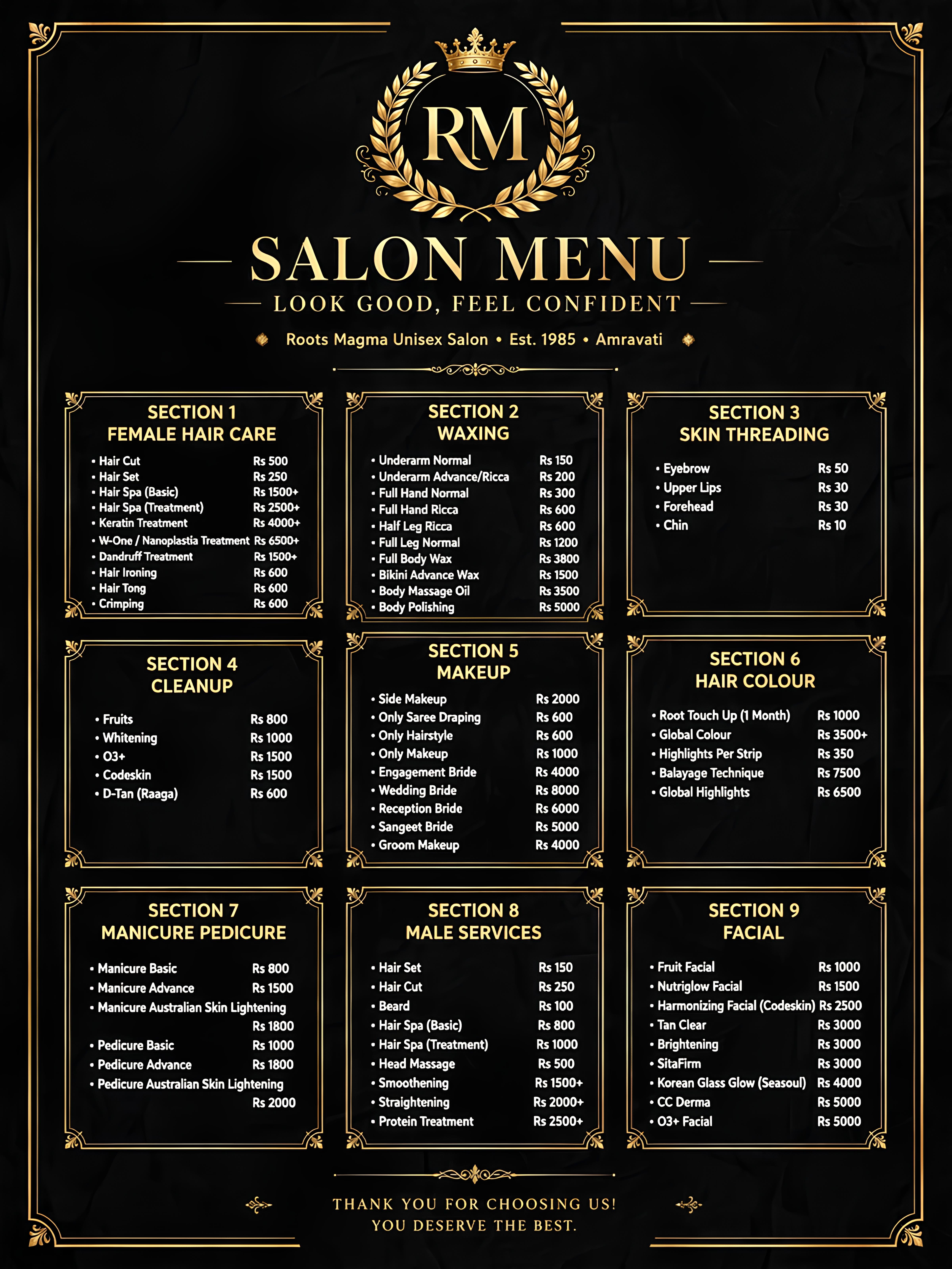 Roots Magma Salon & Spa Complete Price Menu Card