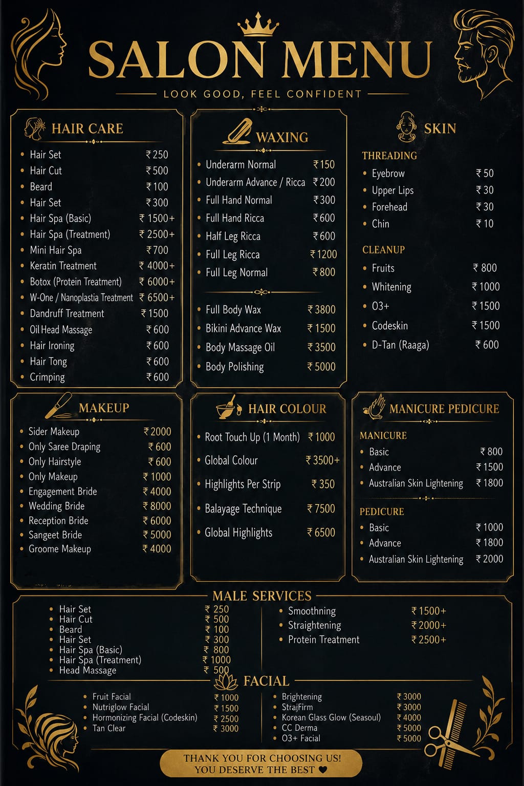 Roots Magma Salon & Spa Complete Price Menu Card